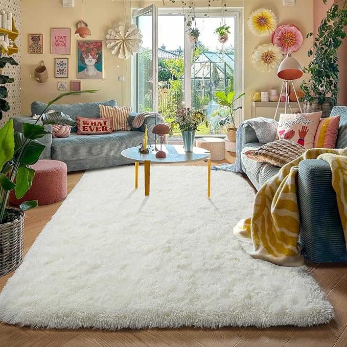 Amdrebio Cream Ivory White Shag Area Rug 5x8 for Bedroom Living Room Dorm | Plush Fuzzy Fluffy Shaggy Furry Kids Carpet, Nursery Playroom Classroom Preppy Home Decor, Neutral Aesthetic, Baby Corner