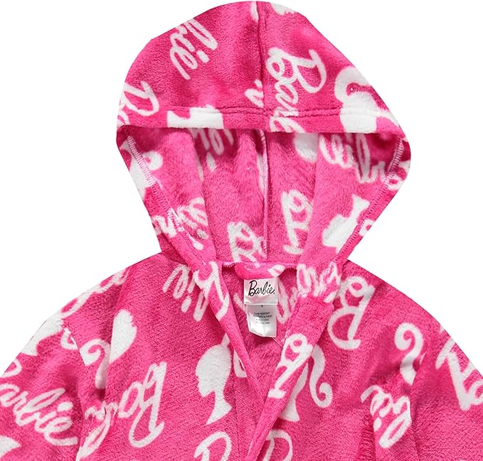 Barbie Girls Fleece Kids Hooded Robe - Super Soft Plush Kids Spa Bathrobe with Pockets, Girls Sizes 4-10 - Official Product
