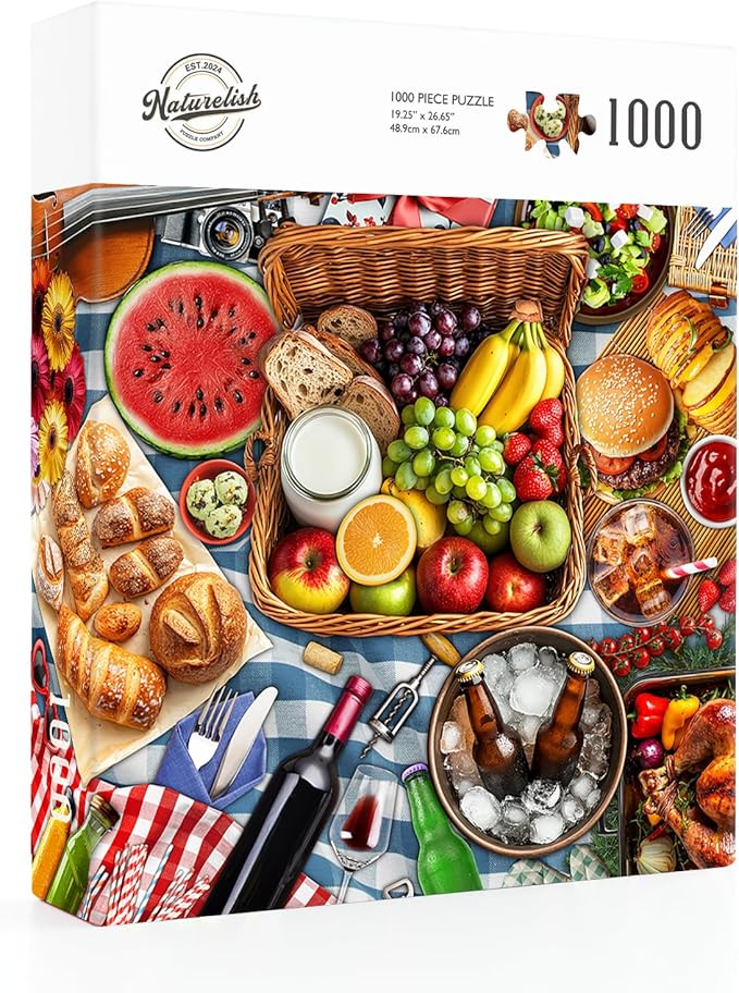 Spring Picnic Food Jigsaw Puzzles for Adults 1000 Pieces, Difficult Puzzles Perfect for Game Night, Great Gift Idea, Size 26.65 x 19.25 in