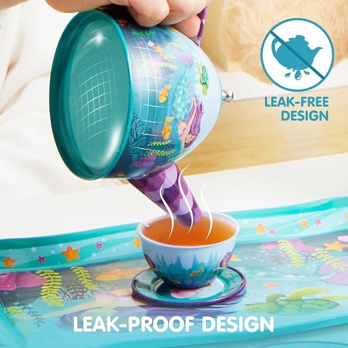 JOYIN Mermaid Tea Party Set for Little Girls, Pretend Tin Teapot Set, Princess Tea Time Play Kitchen Toy with Teapot, Cups, Plates, Carrying Case for Easter Birthday Gifts Kids Toddlers Age 3 4 5 6