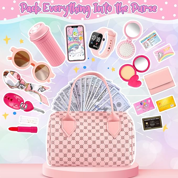 Play Purse for Little Girls, 32PCS Toddler Purse with Pretend Makeup for Kids, Princess Toys Includes Handbag, Phone, Wristwatch, Silk Scarf Kids Toy Purse Birthday Gift for Girls 3 4 5 6 +