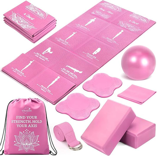 Foldable Yoga Mat and Blocks Set for Women with 2 Pack Yoga Blocks and Strap,Thin Non Slip Pilates Mat with Bag, Home Workout Equipment Essentials Starter Kit for Beginners Full Body Toning