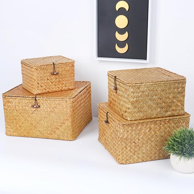 Moosky Wicker Shelf Baskets with Lid, Handwoven Seagrass Storage Basket Bins Square Gift Boxes for Shelves Home Decor Organizer (Natural, Set of 4)