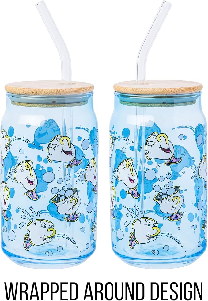 Silver Buffalo Disney Beauty and the Beast Featuring Chip Teacup Blue Glass Jar Tumbler with Bamboo Lid and Glass Straw, 16 Ounces