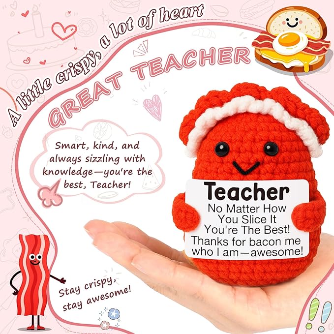 Mini Teacher Gifts Handmade Crochet Bacon for Women Teacher Appreciation Gifts Best Even Teachers for Birthday Back to School from Student End of Year Thank You Gift for Teachers Thankving Chrsitmas