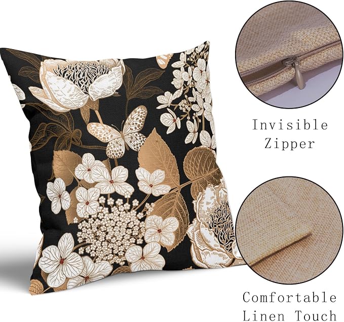 Vintage Floral Pillow Covers 24X24 Inch Set of 2 White Flowers Gold Leaves Botanical Decorative Pillow Cases Rustic Leaf Black Cotton Linen Cushion Case Farmhouse Home Decor for Sofa Couch
