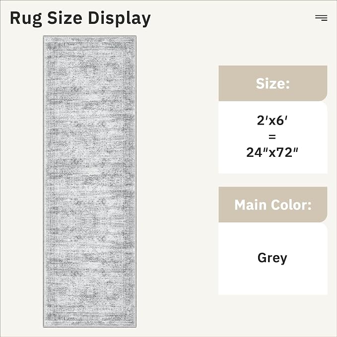 Soalmost Runner Rug 2x6 Washable Kitchen Hallway Runners Non-Slip Grey | Soft Low-Pile Rugs for Entry Bathroom Laundry Room, Vintage Foldable Floor Carpet Mat Entryway for Corridor Bedroom