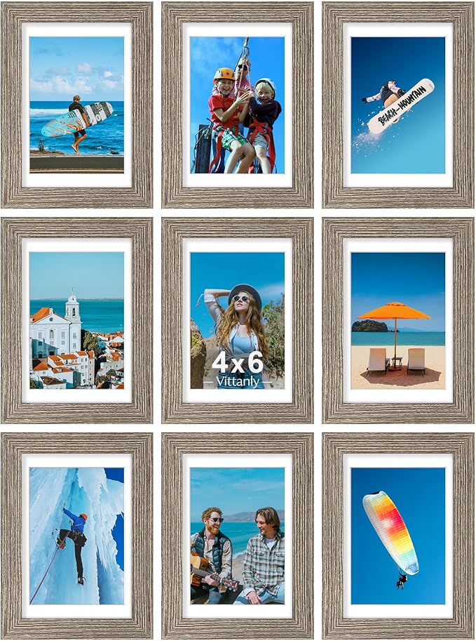 Vittanly 4x6 Picture Frames Set of 9, Wall & Tabletop, Grayish Brown | Display Pictures 3.5x5 with Mat or 4x6 without Mat, Small Photo Frames, Engineered Wood with Shatter Resistant Plexiglass