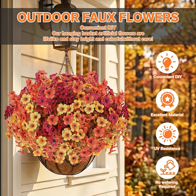 Artificial Flowers Fake Plants for Outdoors Spring Decoration, 13 Bundles Silk Realistic UV Resistant Faux Flowers for Outside Planter Porch Yard Patio Garden Home Indoor, Orange Mixed | Fake Plants Silk Realistic UV Resistant Faux Flowers for Outside ...