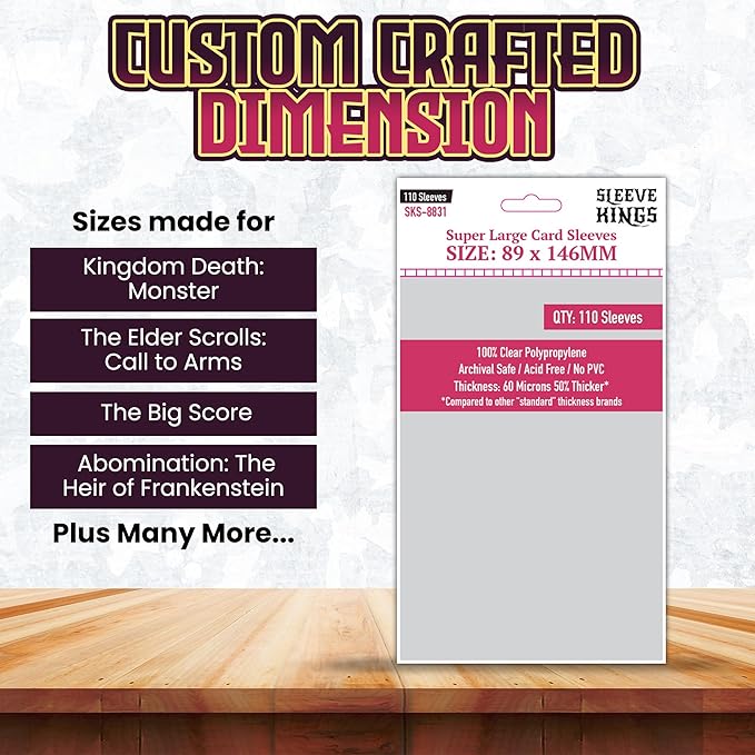 Sleeve Kings Premium Super Large Card Sleeves – 89x146mm, 110 Pack, 60 Micron Thick, Extra Clear, Acid-Free, PVC-Free, Compatible with Kingdom Death: Monster, The Elder Scrolls: Call to Arms & More
