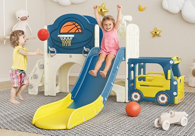 NYEEKOY 9-in-1 Toddler Slide, Bus-Themed Baby Slide and Climber Playset with Basketball Hoop, Ring-Toss, Car Playhouse, Kids Indoor and Outdoor Playground