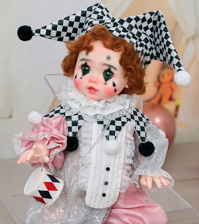 Harlequin Clown Reborn Toddler Girl Dolls – 18 Inch Baby Doll with Curly Hair, Checkered Hat, Pink & Silver Costume, and Mini Drum, Baby Dolls for 5 Year Old Girls, Parents, Collectors