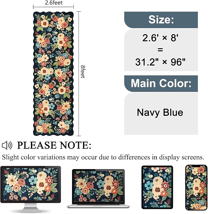 DUKINO 2.6x8 Runner Rug, Floral Washable Kitchens Rugs Non Slip, Navy Blue | Low Pile, Stain Resistant, Soft Throw Carpet Runner for Hallway, Entryway, Bedroom, Bathroom, Pet Friendly, Modern Home Decor