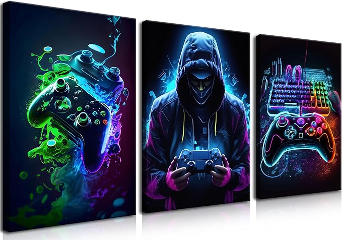 BGFCE Cool Gaming Canvas Wall Art Set of 3, Retro Video Game Watercolor Poster Pictures, Neon Gamepad Gamepad Painting Prints Game Room Bedroom Wall Decor 12x16 in Framed