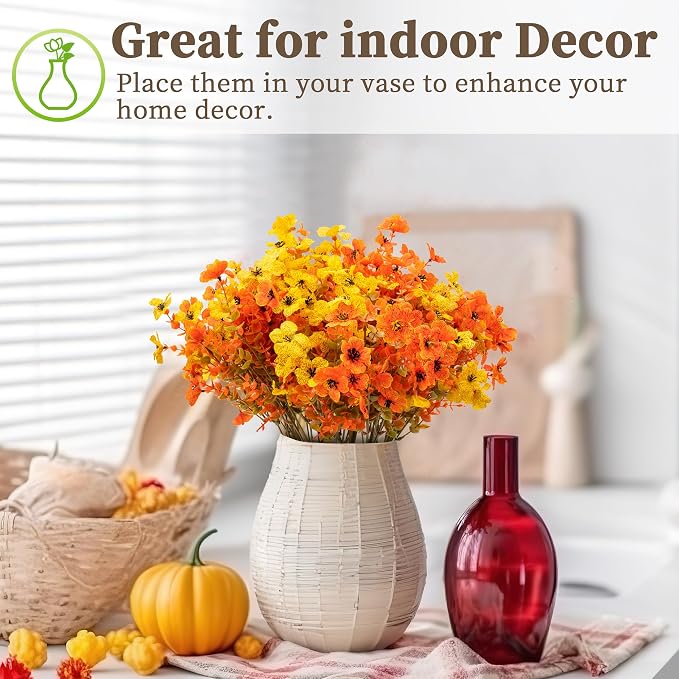 ColoPlay 16 Bundles Artificial Mums for Outdoors, Fake Flowers Fall Decor | Faux Mums for Outdoor Planters, Eucalyptus Leaves UV Resistant Fake Plants for Home Porch Box Wedding Farmhouse(Fall Orange)