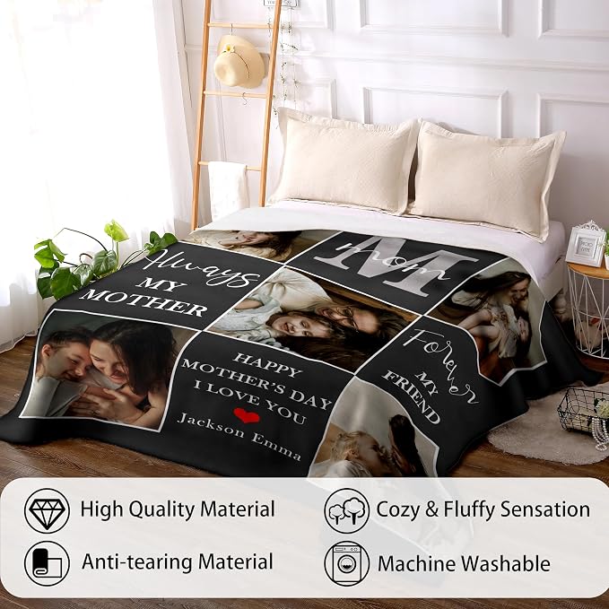 Personalized Mothers Day Birthday Gifts for Mom, Mothers Day Blanket Gifts from Daughter Son Kids Husband, Custom Blanket with Photos Text, Customized Christmas Anniversary Ideas Gifts for Mom Wife