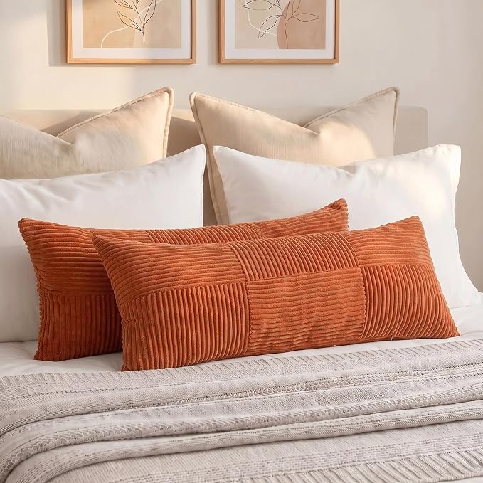 Fancy Homi Set of 2 Burnt Orange Boho Long Lumbar Body Decorative Throw Pillow Cover 14x36 Inch for Bed Couch Bedroom Bench, Soft Patchwork Corduroy Textured Pillow Case, Rustic Farmhouse Room Décor