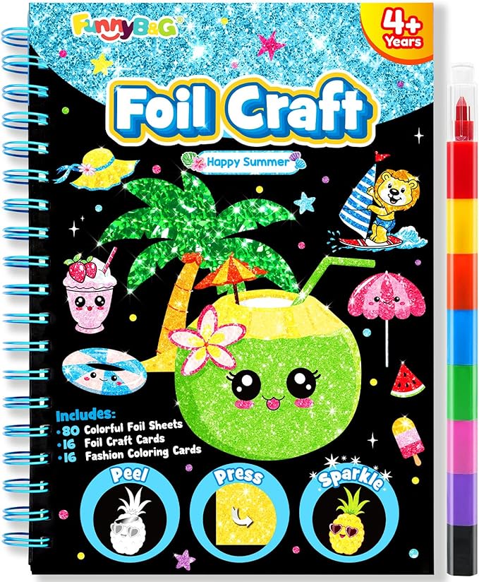 FUNNYB&G Foil Art Crafts for Kids Ages 4-8: Valentines Crafts for Kids 2026,Birthday Gift for Girls,Art and Crafts Supplies,Party Favors,Creative Toys for Girls Boys 4 5 6 7 8 9 Years Old (Summer)