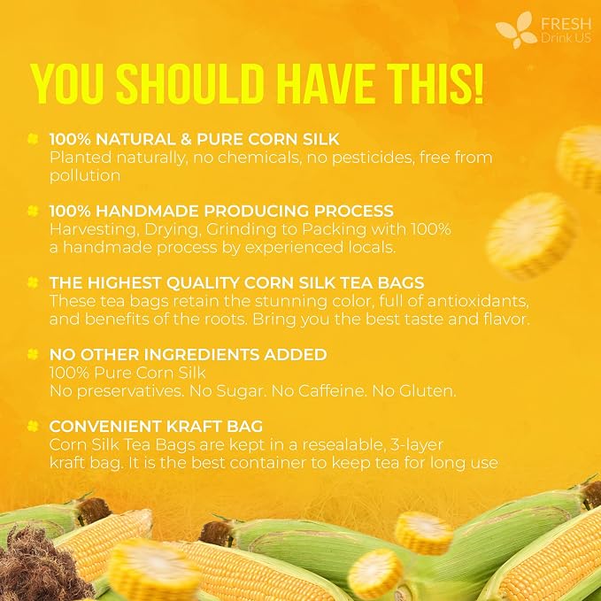 FreshDrinkUS, Premium 40 Tea Bags Corn Silk Tea, 100% Natural & Pure from Corn Silk. Corn Silk Herbal Tea. Clean Ingredients. Made with Natural Material Tea Bags. No Sugar, No Caffeine, Vegan.