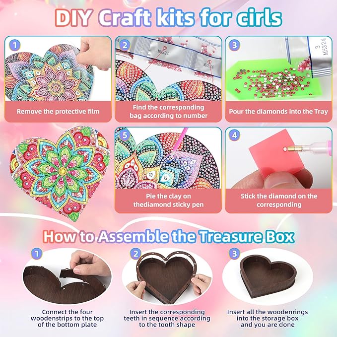 Diakud Diamond Painting Kit for Kids Ages 8-12 Jewellery Box Arts and Crafts Toys for 7 8 9 10 11 12 13 Year Old Girls 8-10 Years Old Birthday Gifts Ideas Craft Activities for Teen Girl Age 6-8