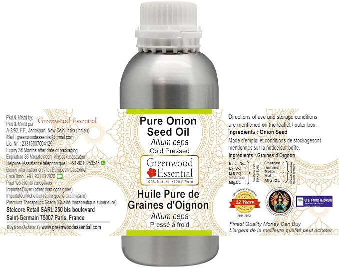 Greenwood Essential Onion Seed Oil (Allium cepa) | Cold Pressed | Natural | Undiluted | For Diluting Essential Oils | For Hair, Skin & Massage | Men & Women | 300ml (10 oz)