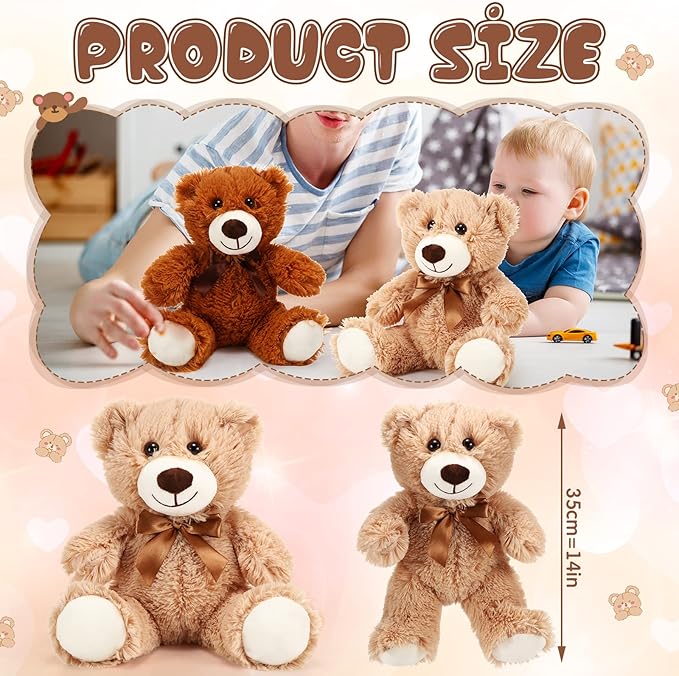 HyDren 12 Pieces Valentines Bears Stuffed Animals Soft Plush Toy Bears for Birthday Party Easter Wedding Baby Shower Christian Charity Donation Supplies(White, Brown, Khaki)
