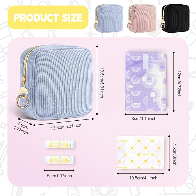 First Period kit for Girls, Corduroy Cute Sanitary Napkin Storage Bag, Menstrual Pad Bag Tampon Holder for Purse, First Period Gifts (Pink)