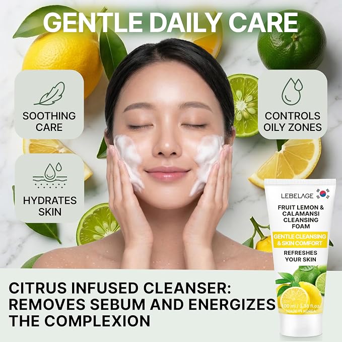 LEBELAGE Korean Lemon Facial Cleanser 3.38 oz | Cleansing Foam Face Wash | Low pH Gentle Hydrating Daily Facial Cleanser Sensitive Skin | Deep Cleansing Foaming Cleanser, Pore Care-All Skin Types
