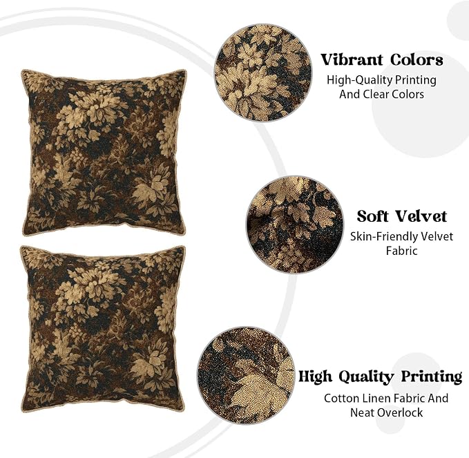 Vintage Dark Brown Flowers Velvet Pillow Covers 20x20 Inch Boho Retro Abstract Floral Throw Pillows for Couch Cushion Covers Pillowcase Bohemian Farmhouse Pillow Cases for Sofa Bed Bedroom