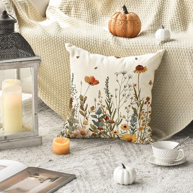 AVOIN colorlife Fall Flowers Throw Pillow Covers 18x18 Inch Set of 2 | Seasonal Autumn Thanksgiving Harvest Decoration for Sofa Couch Farmhouse Living Room Decor