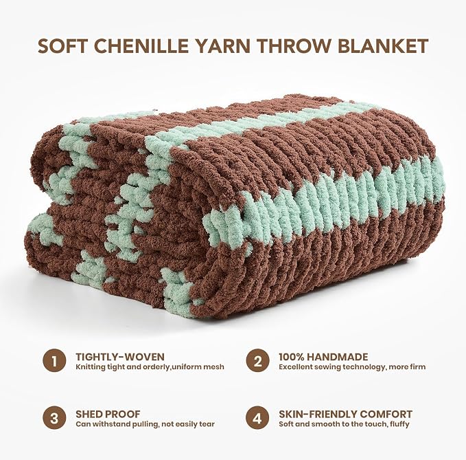L'AGRATY Chunky Knit Throw Blanket for Couch, 50 x 60 Inches, Brown Green | Handmade Chenille Crochet Blanket for Sofa Bed, Thick Cable Knitted Blankets for Room Home Decor, Birthday Gift for Women Mom