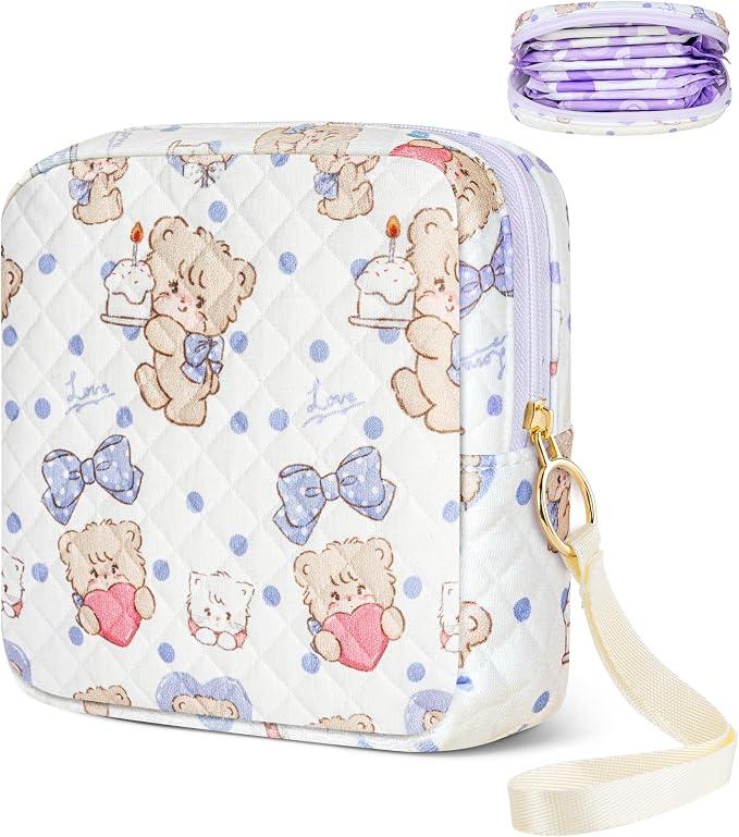 Likesing Tampon Holder for Purse, Quilted Period Bag Sanitary Napkin Storage Bag for Girls Womens, Portable Feminine Emergency Pad Period Pouch(Butterfly Bear)