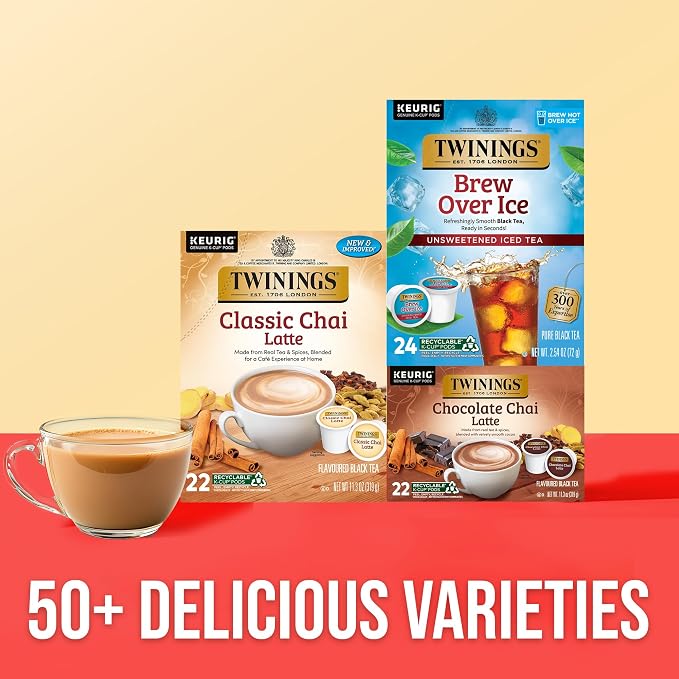 Twinings Chai Latte Black Tea K-Cup Pods for Keurig, 22 Count (Pack of 1), Creamy, Slightly Sweet, Less Sugar, Caffeinated, Enjoy Hot or Iced