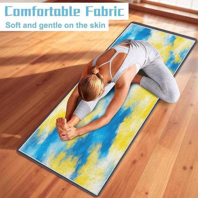 Yoga Mat Towel,Hot Yoga Towel High-Definition Pattern,Machine Washable with Ultra-Absorbent Yoga Towels for Hot Yoga Non Slip for Fitness,Exercise,Pilates,72 x 27 in,Blue & Yellow