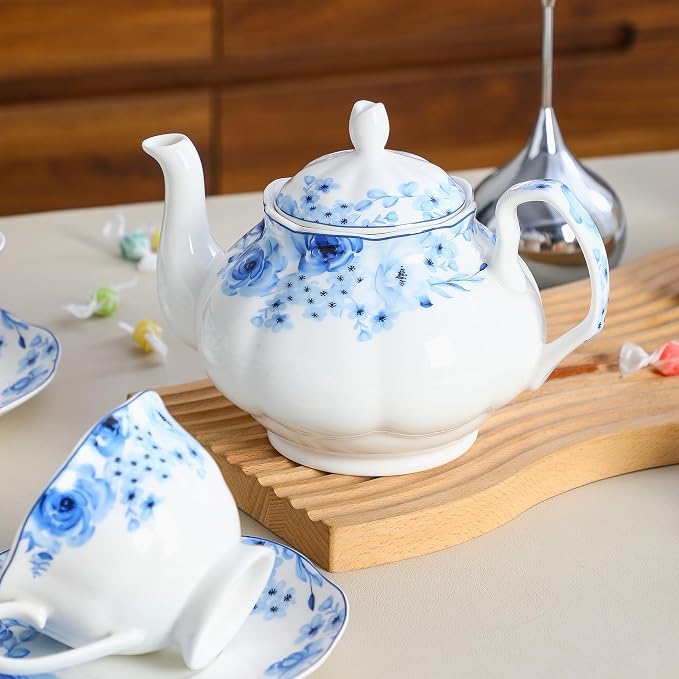27oz Floral Porcelain Teapot with Blue Rose Pattern, Ceramic Small Teapot for Loose Leaf & Tea Bags, Dishwasher Safe, Classic Design for Daily Tea & Gift Giving