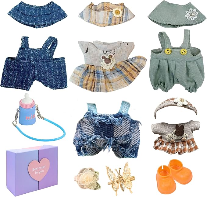 17cm Doll Clothes Set (No Doll) –5-Pack Handmade Outfits with Accessories for 6.7” Dolls, Premium Cotton Clothing with Gift-Ready Packaging, Perfect for Dress-Up and Collectors (FH7, 5)