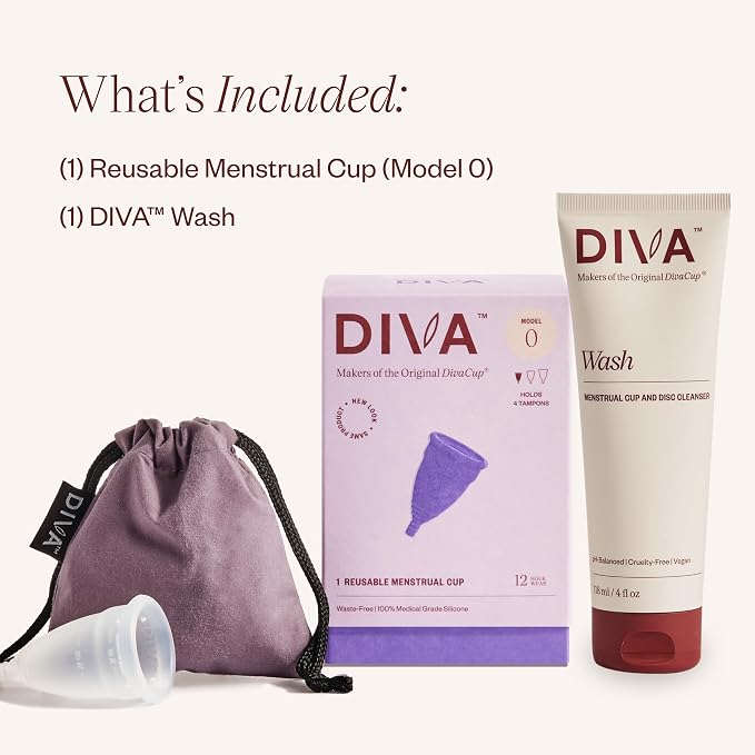 Diva Cup & Diva Wash Combo Pack - Medical Grade Silicone - for Period Care - Reusable Menstrual Cup - with Cleaner - Model 0 (for Slim Vaginal Canals & First-Time Users)