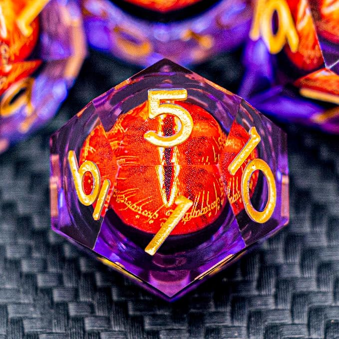 ARUOHHA DND Resin Dice Gazes Eye Dice Purple Gold Liquid Core Flaming RPG Sharp Edged Dice Set with Gift Box, Polyhedral D and D Dice Set Compatible with Dungeons Dragons Role Playing Game D20 D6