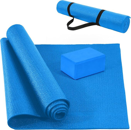 Signature Fitness All Purpose 0.25 Inch Thick High Density No Tear Exercise Yoga Mat with Strap & Lightweight Features for Indoor & Outdoor Use, Blue