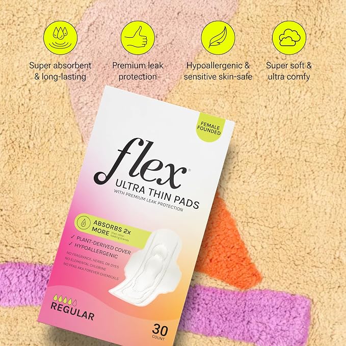 Flex Ultra Thin Pads | Ultra Thin with Wings | Fragrance-Free Sanitary Napkins | Super Absorbent & Comfortable Feminine Pads | Unscented (2-Pack, 60 Pad)