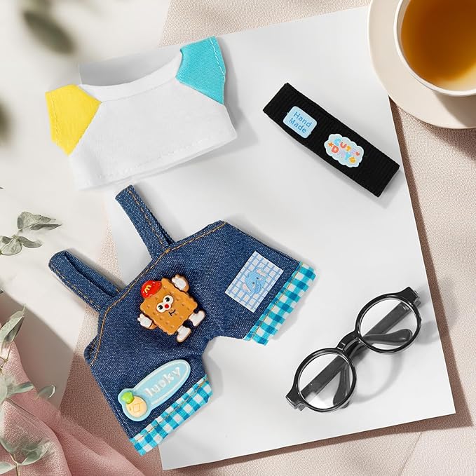17cm Doll Clothes Set-Premuim Casual Style Outfit for Clothing & Accessories-Headband+T-Shirt+Overall+Glasses(No Doll)