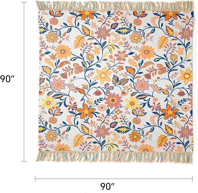 100% Cotton Boho Throw Blanket for Home Decor – Classic Farmhouse Quilt Bedding, Muslin Blankets for Adults, Vintage Woven Decorative Blanket for Couch, Bed Layering Use, Botanic Floral, 90"x90"