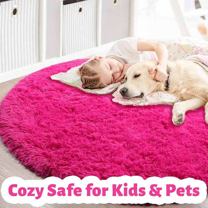 Hot Pink Small Round Rug 3Ft for Girls Bedroom, Fluffy Circle Area Rugs for Kids Room Decor Aesthetic, Shag Plush Fuzzy Furry Carpet for Playroom, Nursery, Dorm, Classroom, Teen, Cute Shaggy Baby Rug
