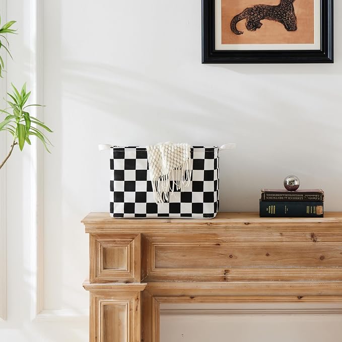 Ohocut Black White Checkered Canvas Basket, Rectangular Organizing Decorative Storage Basket for Kids Dog Toy, Cute Aesthetic Race Cars Boy Room Decor for Home, Kitchen, Bedroom, Classroom, Shelves