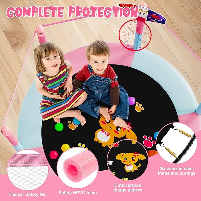 VGMiu 60" Trampoline for Kids, 5 FT Indoor & Outdoor Toddler Baby Trampoline with Basketball Hoop, Safety Enclosure, Birthday Gifts for Kids, Gifts for Boy and Girl, Age 3-8