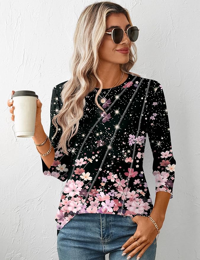 LOMON 3/4 Length Sleeve Womens Tops Spring Summer Fashion 2026 Tops Crew Neck Pleated Shirts Tunic Top Loose Fit