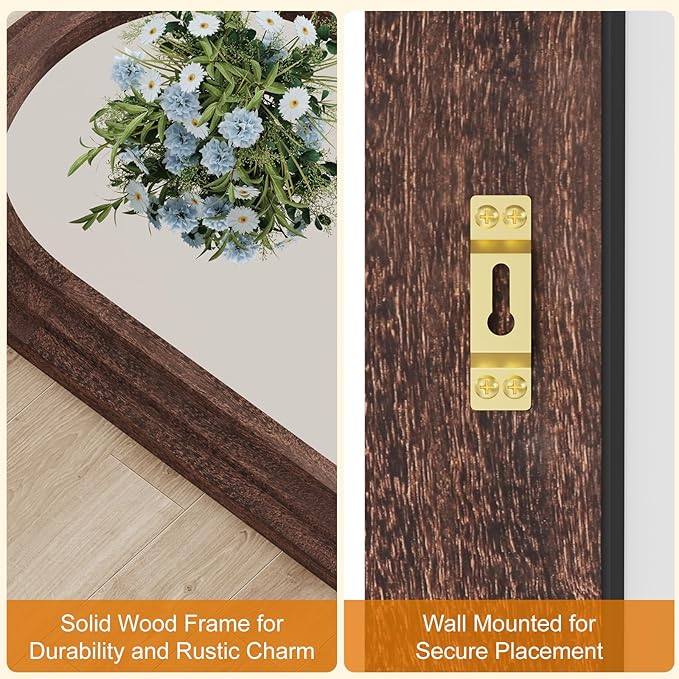 ZHUNFA External Three-Layer Arched Full Length Mirror with Solid Wood Frame | 65x22 Modern Farmhouse Decor Standing Mirror Full Length, Wall Mounted, Leaning, Standing for Bedroom, Living Room, Brown.