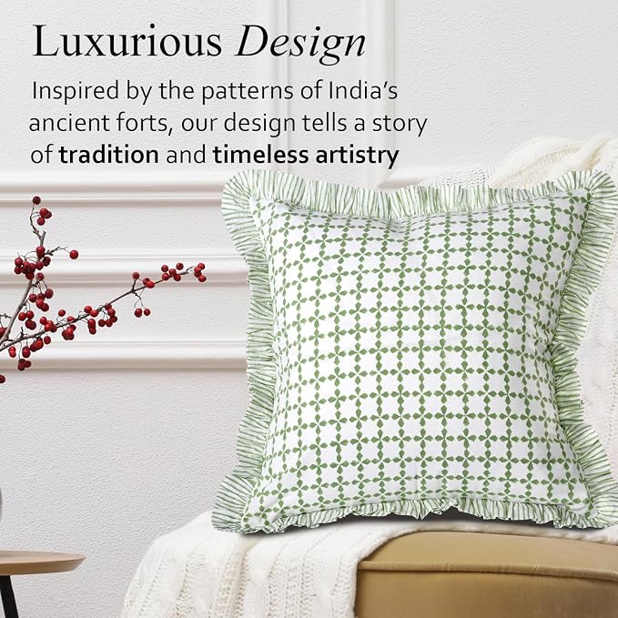 CPC Kelly Green Hand Block Print 100% Cotton Ruffle Throw Pillow Cover 20x20 inch with Hidden Zipper Decorative for Couch, Bed, Sofa, Farmhouse, Cottagecore Decor Gift Christmas Fall Thanksgiving