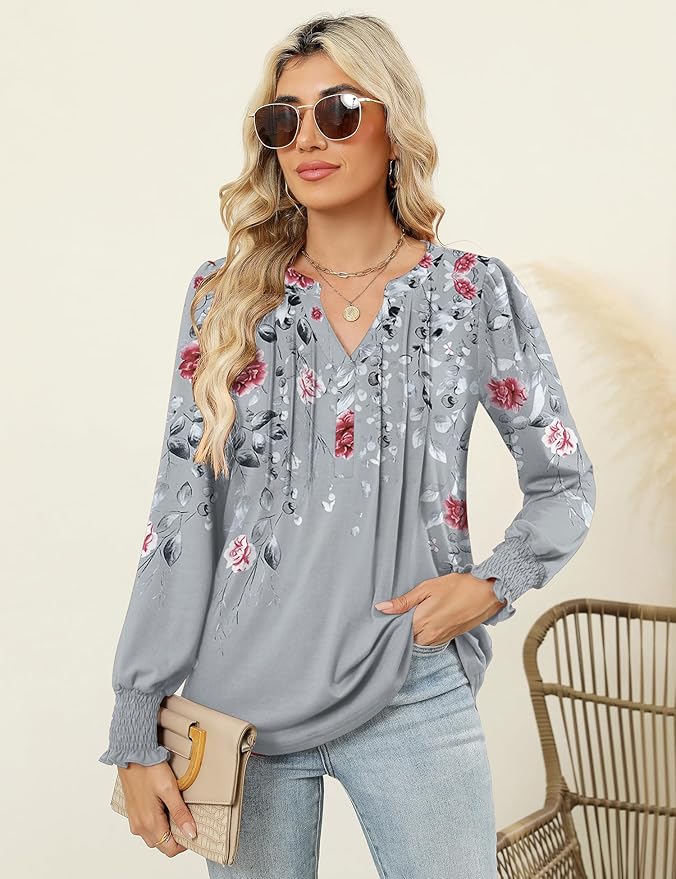 LOMON Womens Tops Dressy Casual Pleated Ruffle Long Sleeve Tunics Tops to Wear with Leggings V Neck Work Blouse