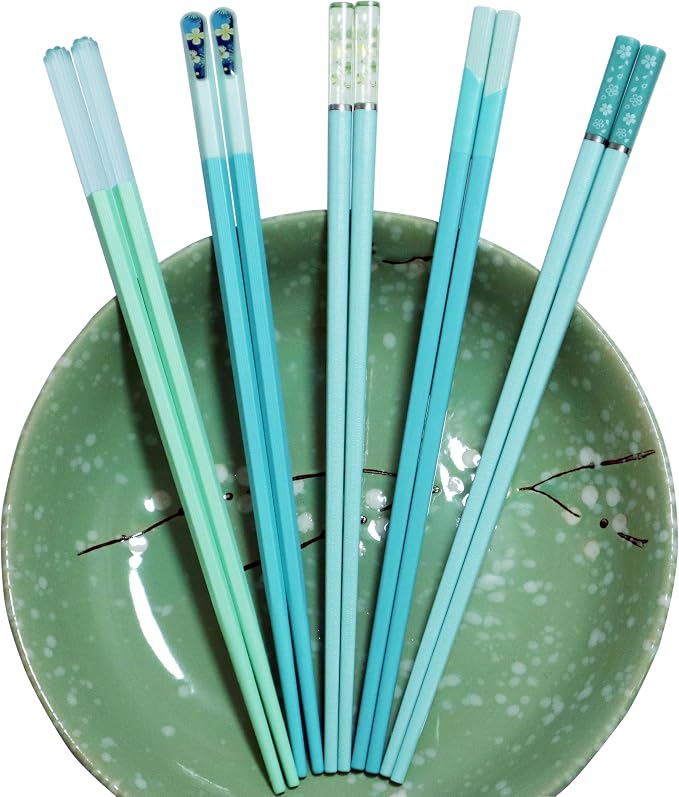 5 Pairs Blue Green Fiberglass Chopsticks Reusable Chopsticks Japanese Korean Chinese Non-Slip Chopsticks Dishwasher Safe, 9.6 Inches Long